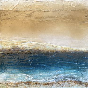BY THE SEASHORE 1, Ocean Landscape Beach Coastal Gold Blue Metallic Textured Waves Seascape Acrylic Painting (Part of Series) thumb
