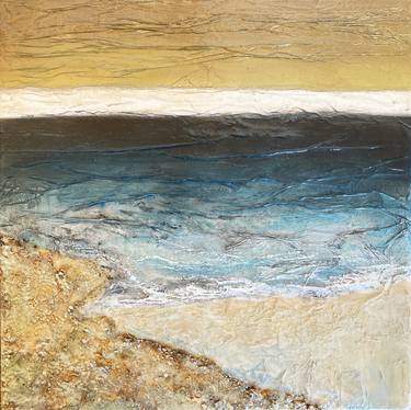 BY THE SEASHORE 4, Ocean Landscape Beach Coastal Tide Gold Blue Metallic Textured Waves Seascape Acrylic Painting (Part of Series) thumb