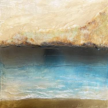 BY THE SEASHORE 5, Ocean Landscape Beach Coastal Tide Gold Blue Metallic Textured Waves Seascape Acrylic Painting (Part of Series) thumb