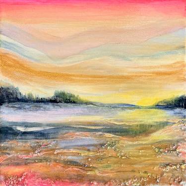SUNSET GLOW 2, Modern Landscape Colorful Abstract Warm Pink Yellow Minimalist Desert Trees Sky Small Contemporary Acrylic Painting (2 of 2 in Series) thumb