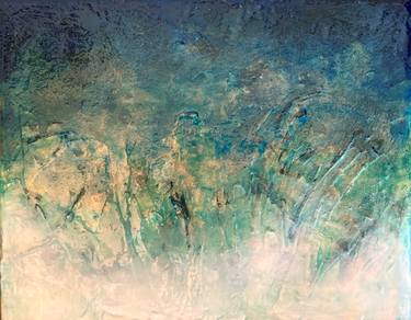 SEA ALGAE, Elegant Ocean Waves Abstract Water Colorful Contemporary Textured Coastal Beach Blue Green Gold White Acrylic Painting thumb