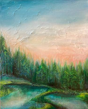 WOODLAND RETREAT Modern Forest Landscape Trees Lake Woods Sunset Fine Art Textured Acrylic Painting thumb
