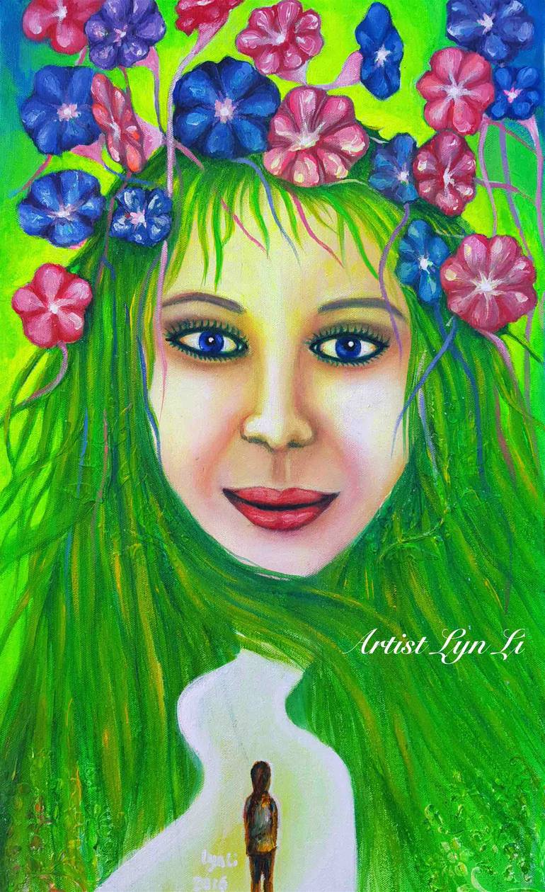 Original Women Painting by Lyn Li | Surrealism Art on Canvas | Guardian of the Garden Path
