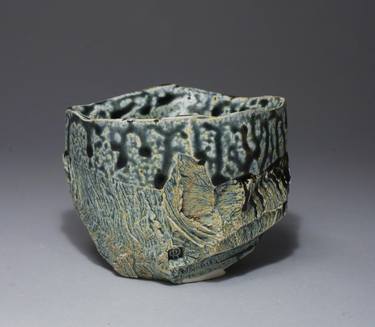 Ash Glazed Yunomi, Wood Fired Blue and White Coffee Cup thumb