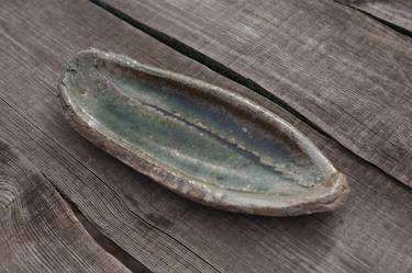 Wood Fired Green Ceramic Plate, Sushi Dish, Handbuilt Plate thumb