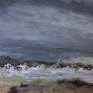 I love the drama of a storm and this painting is inspired by such times with the threatening clouds dominating the sky and the sea becoming rougher with each moment. Panted in mixed media to capture the atmosphere.