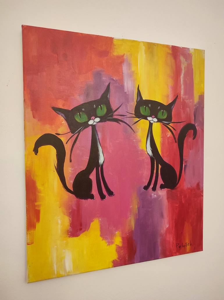 Original Abstract Expressionism Cats Painting by Koraljka Polacek