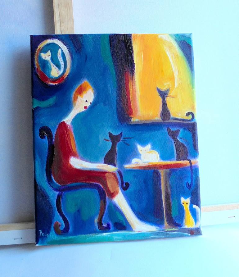 Original Expressionism Cats Painting by Koraljka Polacek