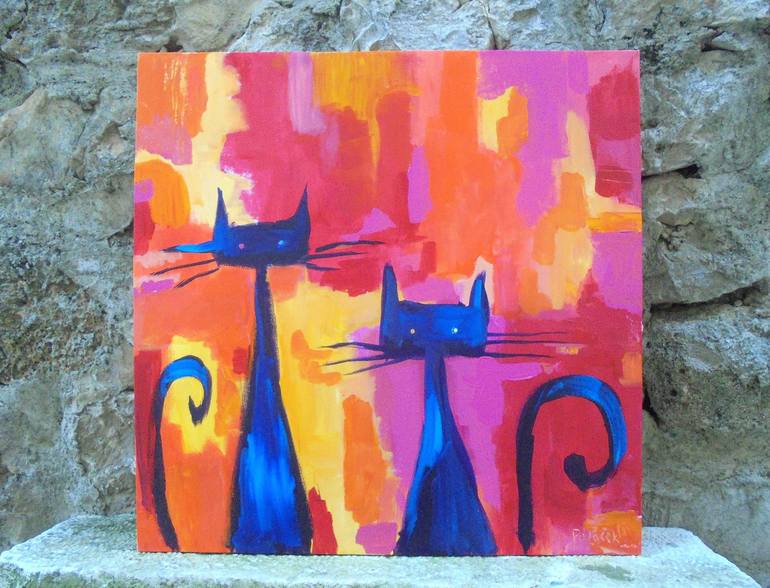 Original Abstract Expressionism Cats Painting by Koraljka Polacek