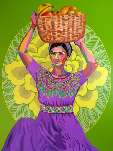 Woman with basket of fruits thumb