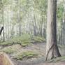 A cheeky painting showcasing a wild boar trying to spot the hunter in the woods