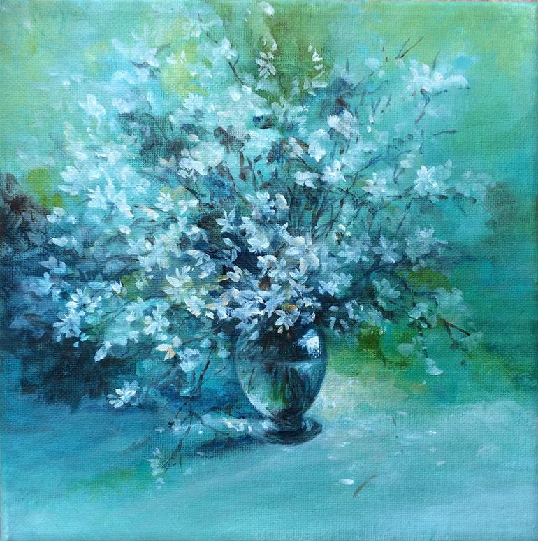 Original Floral Painting by Lizzy Forrester | Impressionism Art on Canvas | White flowers in a Blue Green vase