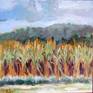 My sister asked me to look at her corn field and I painted it.  The corn was ready to harvest with all the colors of a perfect crop.  I enjoyed mixing the beautiful greens, yellows and orange in this painting. Hope the viewer enjoys the feeling of success when a farmer knows his crop is ready to harvest.