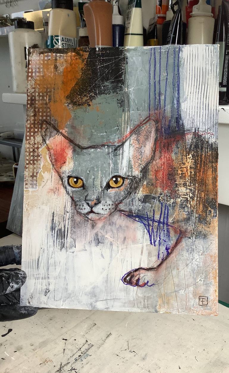 Original Abstract Cats Painting by Eva Fialka