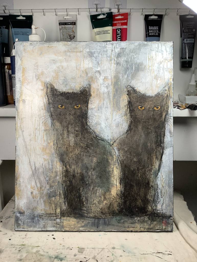 Original Abstract Cats Painting by Eva Fialka