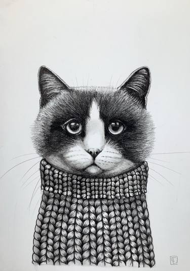 Original Figurative Cats Drawings by Eva Fialka