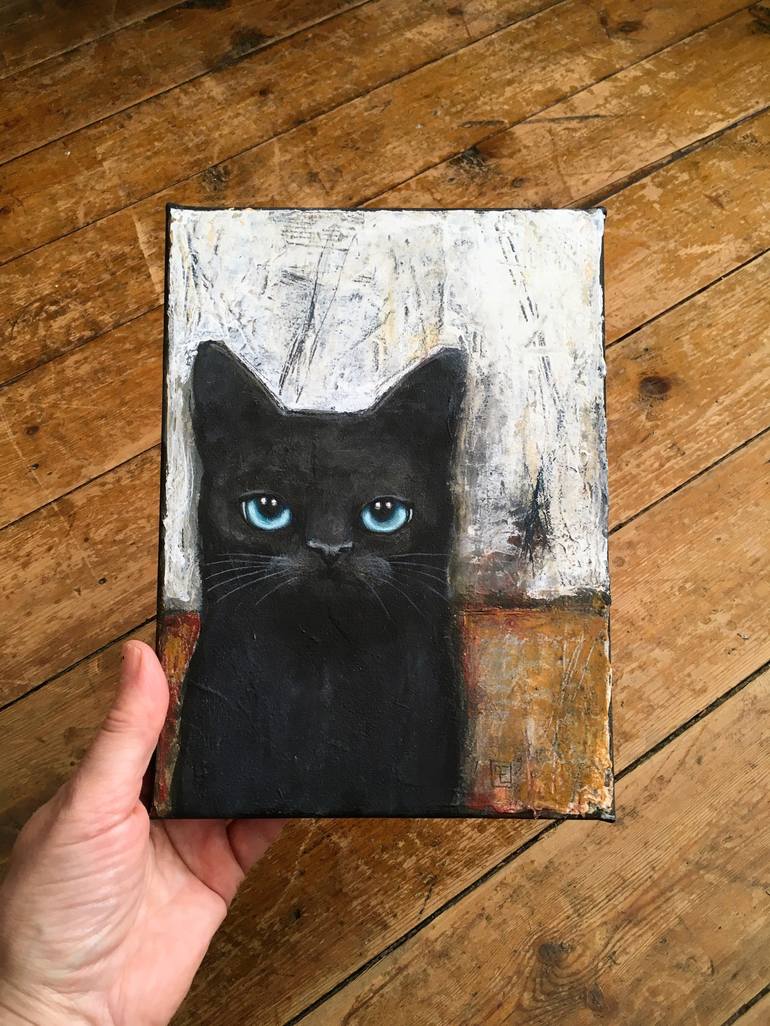 BLUE EYED BLACK CAT Painting by Eva Fialka | Saatchi Art