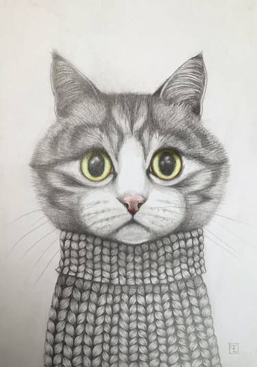 Original Figurative Cats Drawings by Eva Fialka