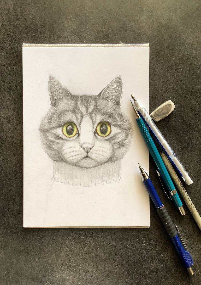 Original Figurative Cats Drawing by Eva Fialka