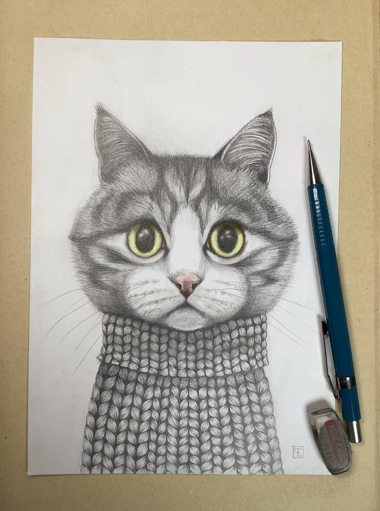 Original Figurative Cats Drawing by Eva Fialka