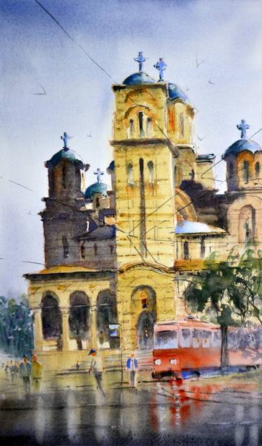 St.Marks Church and red tram 21x35 cm 2023 thumb