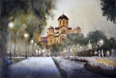 Cold Sunset at Tasmajdan and St Markos church 35x54cm 2024 thumb