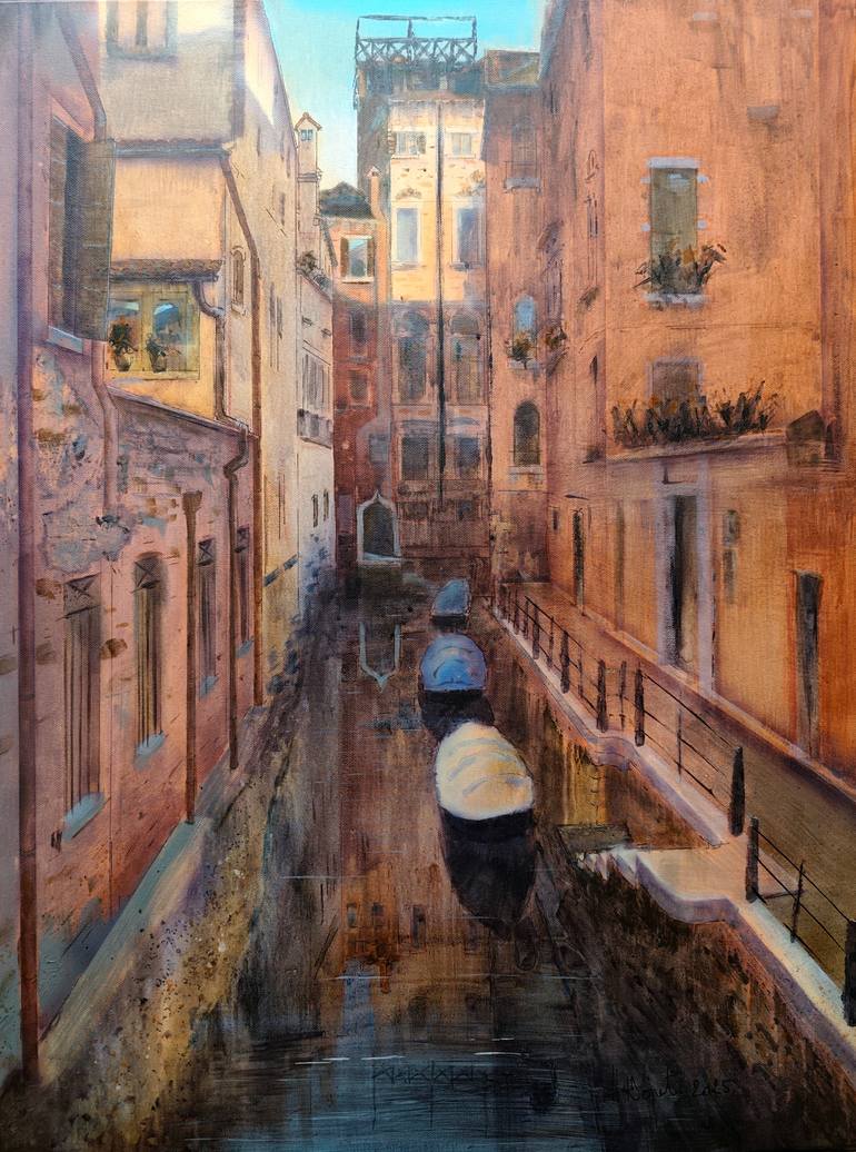 Original Architecture Painting by Nenad Kojic | Impressionism Art on Canvas | Shadow and sun over canal Venice Italy 60 x 80 cm 2025