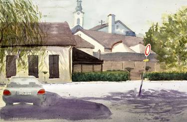 Restaurant "Carp", Zemun, original watercolor landscape art by Nenad Kojic thumb