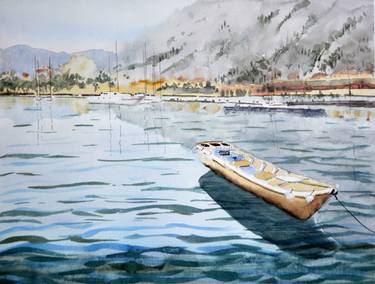 Boat and Panoramic view of Kotor, Montenegro - original watercolor landscape painting thumb