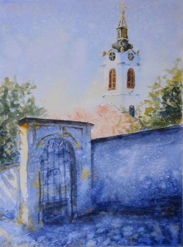 St.Nicholas church, Zemun, Belgrade, Serbia - original watercolor landscape painting thumb