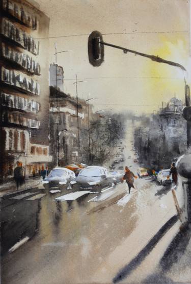 Sundown in Knez Milos street, Belgrade - original watercolor landscape painting thumb