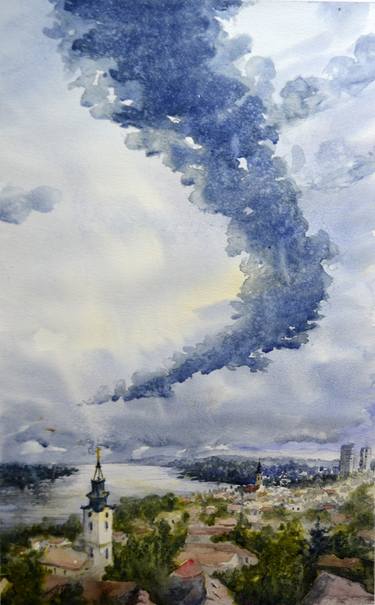 Over Zemun`s Sky - original watercolor landscape painting thumb