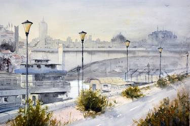 Riverside skyline Belgrade, original watercolor painting thumb