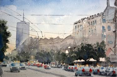 Traffic before hotel Moskva original watercolor art thumb