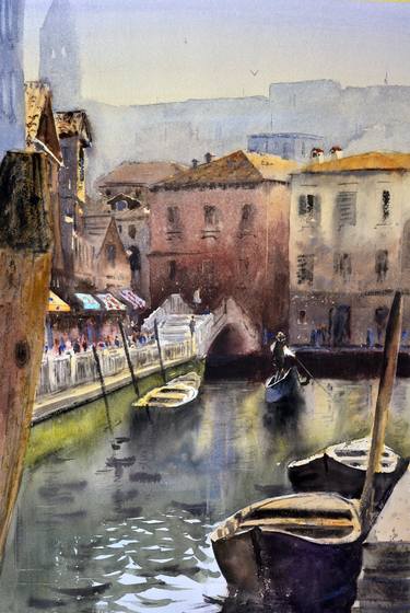 Gondola before bridge Venice Italy 53x35cm 2020 thumb