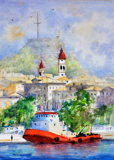 Red tug-boat Kerkyra Corfu Greece 25x36cm 2020 thumb