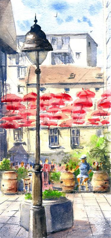 Shadows of red umbrellas Belgrade small drawing 17x36 cm 2020 thumb