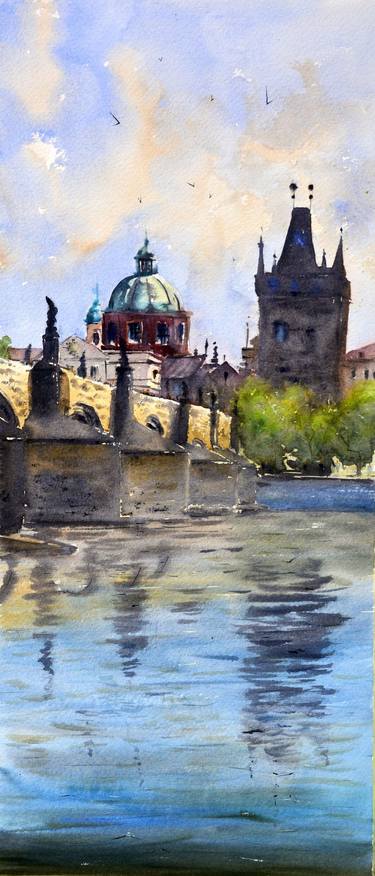 Blue sky and Charles bridge reflecton at Vltava Prague 23x54cm thumb
