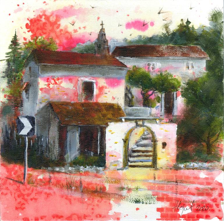Original Architecture Painting by Nenad Kojic | Art Deco Art on Canvas | Vines and olive courtyard Gouvia Corfu Greece 20x20cm 2020