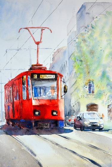 Old red tram Belgrade 35x54cm 2022 thumb