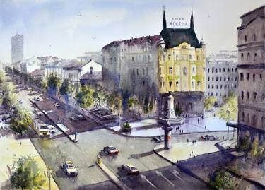 Top view of Terazije square Belgrade 74x54cm 2022 thumb