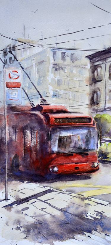 Trolleybus on the student square Belgrade 17x36 cm 2022 thumb