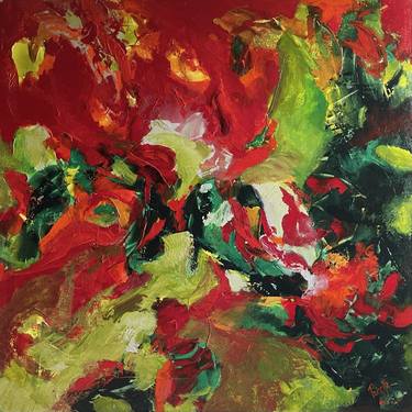 Reminsce - 48x48x1.5 Inches Red Green Abstract Painting thumb