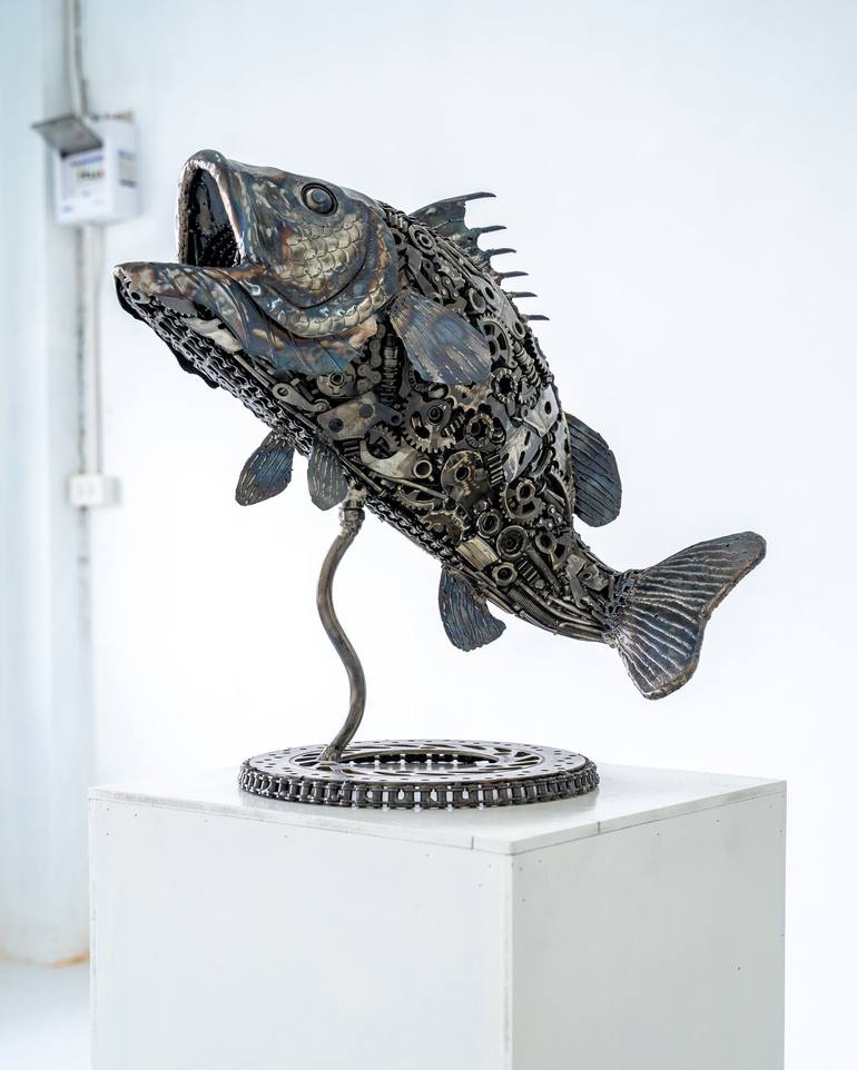 Seabass fish metal sculpture Sculpture by Mari NineArt