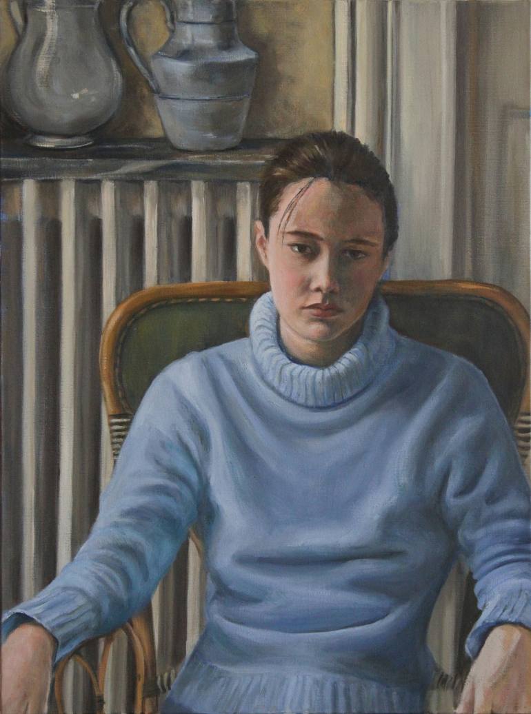 Wicker armchair Portraits 'Pull Bleu' Painting by Jill APPERT | Saatchi Art