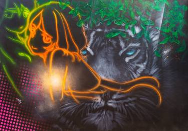 Untitled ( White Tiger and a Digital Manga Neon Light Girl with White Tiger ) thumb