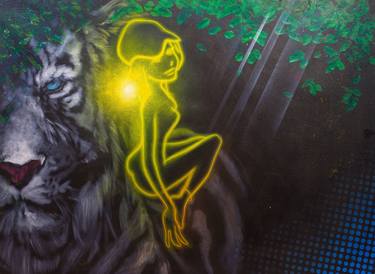 Untitled ( White Tiger and a Digital Manga Yellow Neon Light Girl with White Tiger ) thumb