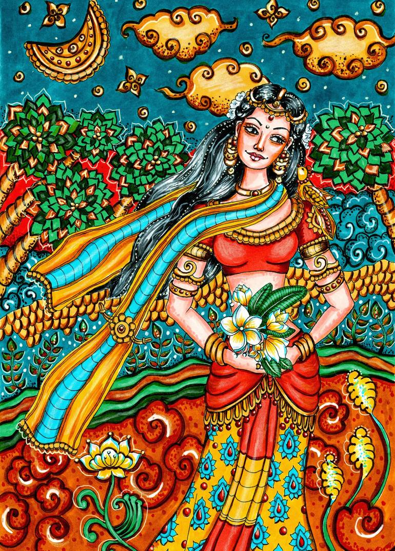 Kerala mural style woman painting Painting by Katya Suresh | Saatchi Art
