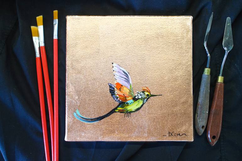 Hummingbird Painting with Copper leaf, Copper Leaf Art, Copper painting