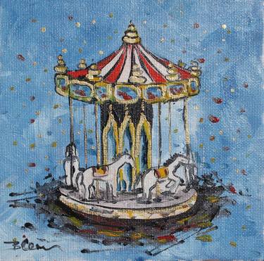 Carrousel carousel oil painting original 6x6 in, Small Oil Painting on canvas, whirligig Painting, gift for her, Wall Art Decor thumb
